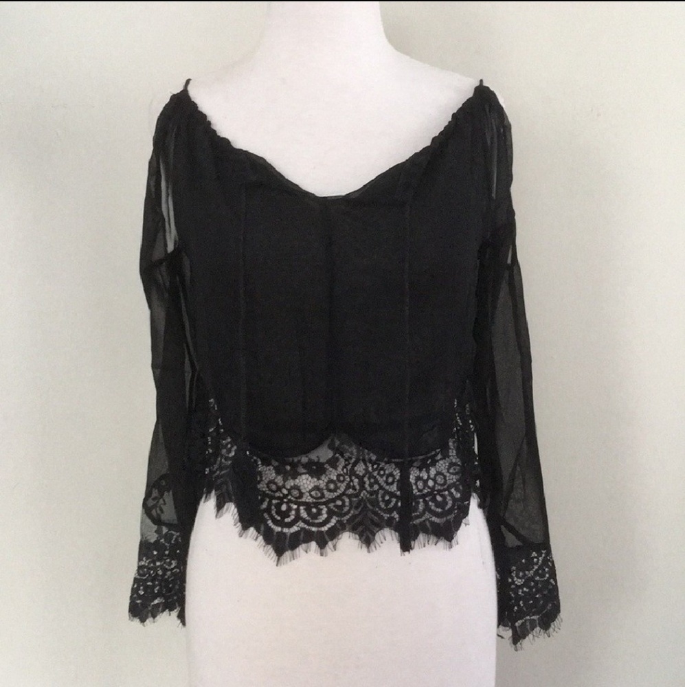 SALE🎊🎉 NEW Shear Chiffon Black Lace Crop Top - Picture 3 of 8